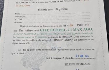 ABIDJAN SONGON : Vente de terrain 500 m2